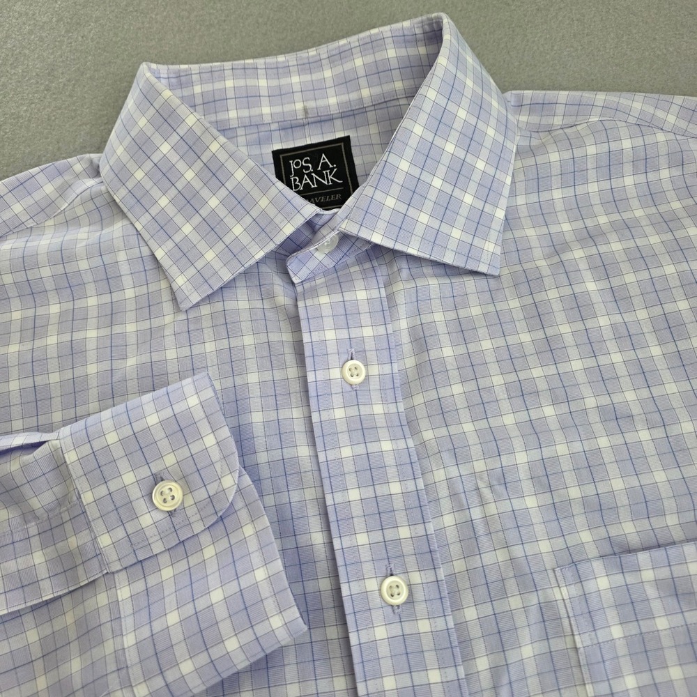 Jos. A. Bank Traveler Dress Shirt Mens 17-34 Purple White Check Traditional Fit